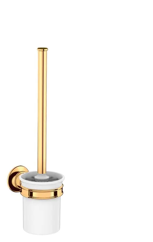 Toilettenbürstenhalter mit Wandmontage in glänzendem Gold von AXOR, bestehend aus einem langen Griff und einem weißen Behälter, der an der Wand befestigt ist.